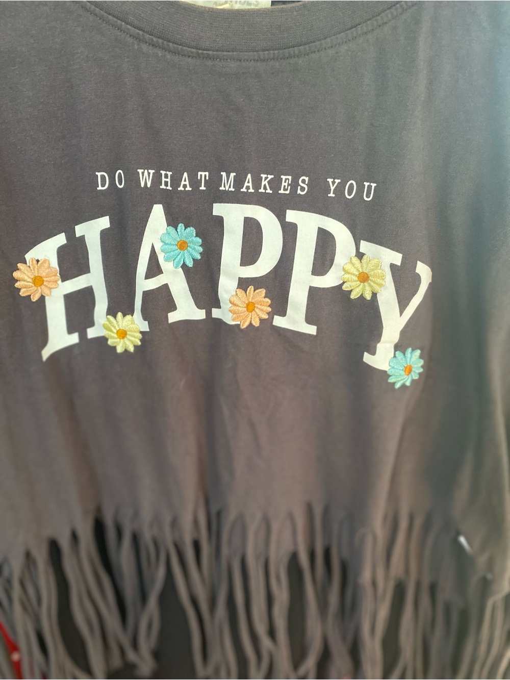 Women's Gray 'Happy' Fringe Crop Top with Daisy Graphic - Picture 4 of 6